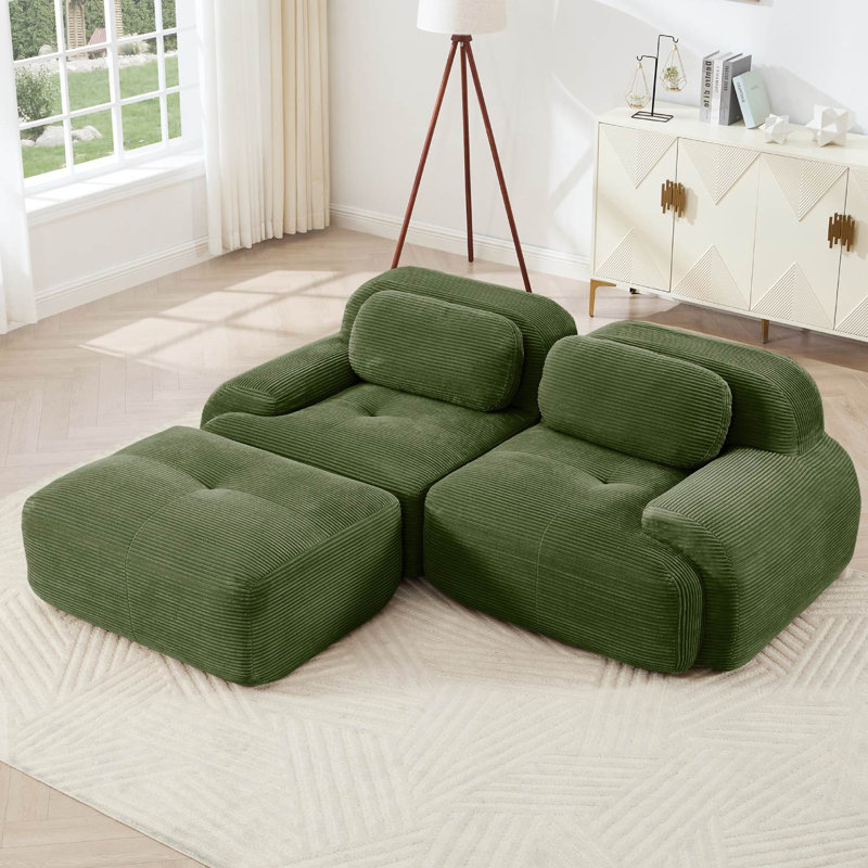 Canapé modulaire en L 82 po avec repose-pieds en velours côtelé, Vert
