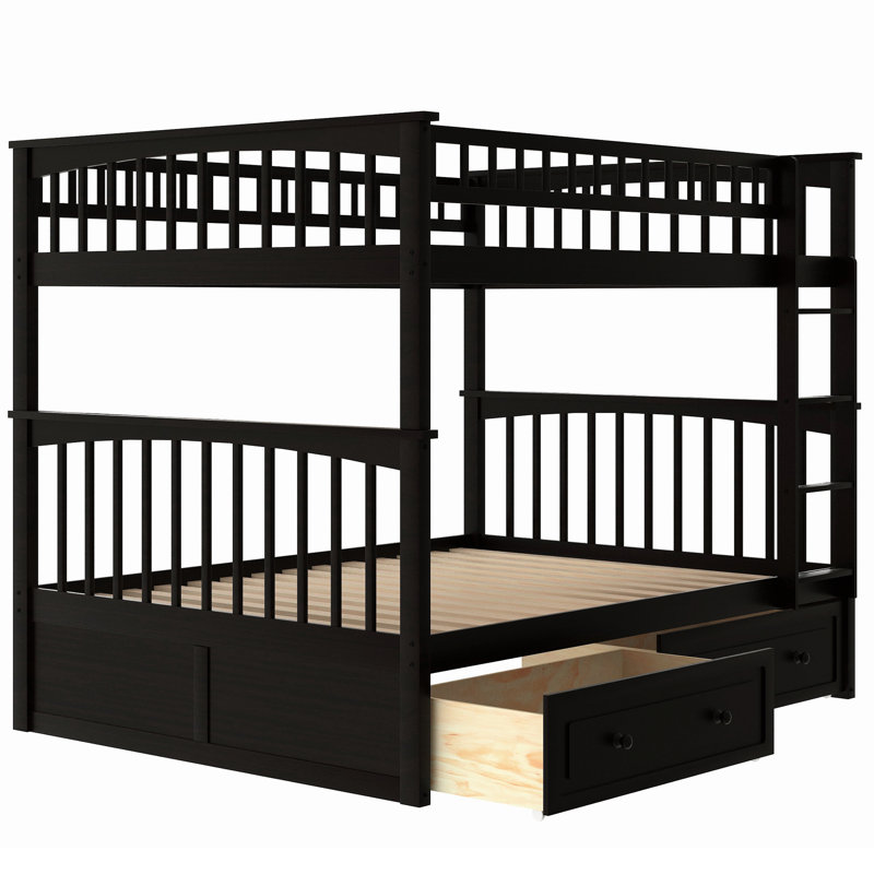 Lit double superposé au-dessus, tiroirs, option convertible, bois de pin massif, cadre, barrières de sécurité en forme de clôture, tâche d'assemblage rapide au-dessus du lit et matériau, tiroirs avec poignées à roulettes, processus de mise en place facile