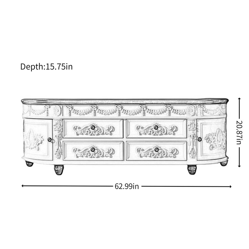 Meuble télé en bois massif American Style, Blanc cassé, H 20,87 po x l 62,99 po x P 15,75 po