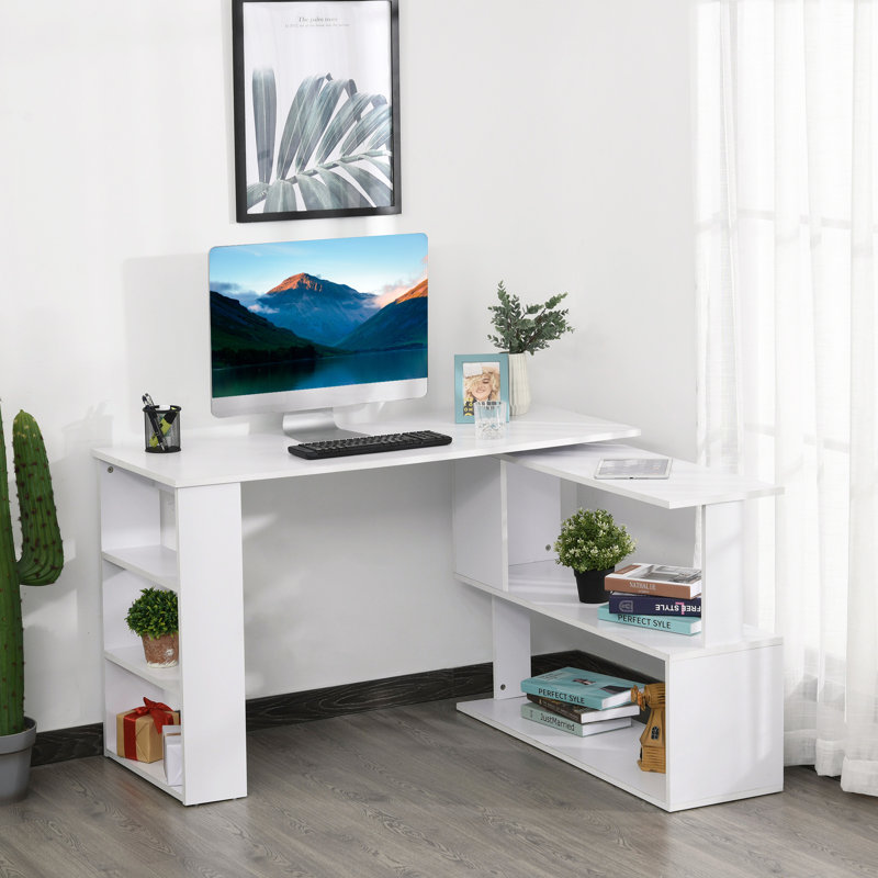 HOMCOM L Shaped Desk with Bookshelf, White
