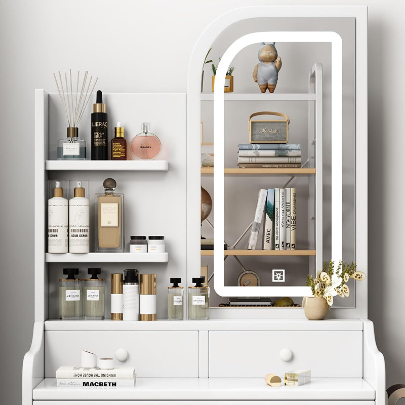 Coiffeuse de maquillage moyenne blanche avec miroir et tiroir à DEL