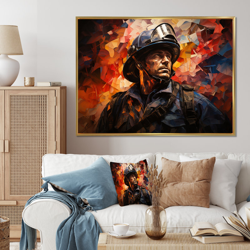 Portrait de pompier I sur toile, Cadre flottant doré, H 30 po x l 40 po x P 1,5 po