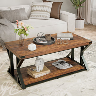 Table basse industrielle 43 po, table de ferme à 2 niveaux avec tablette de rangement, plateau en fer angulaire et structure en métal, table de salon, brun rustique