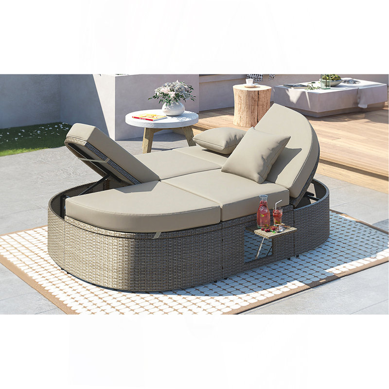 Lit de jour d'extérieur pour 2 personnes avec coussins et coussins, chaise longue inclinable de jardin en rotin avec dossiers réglables et plateaux à tasses pliables pour la pelouse, au bord de la piscine, gris