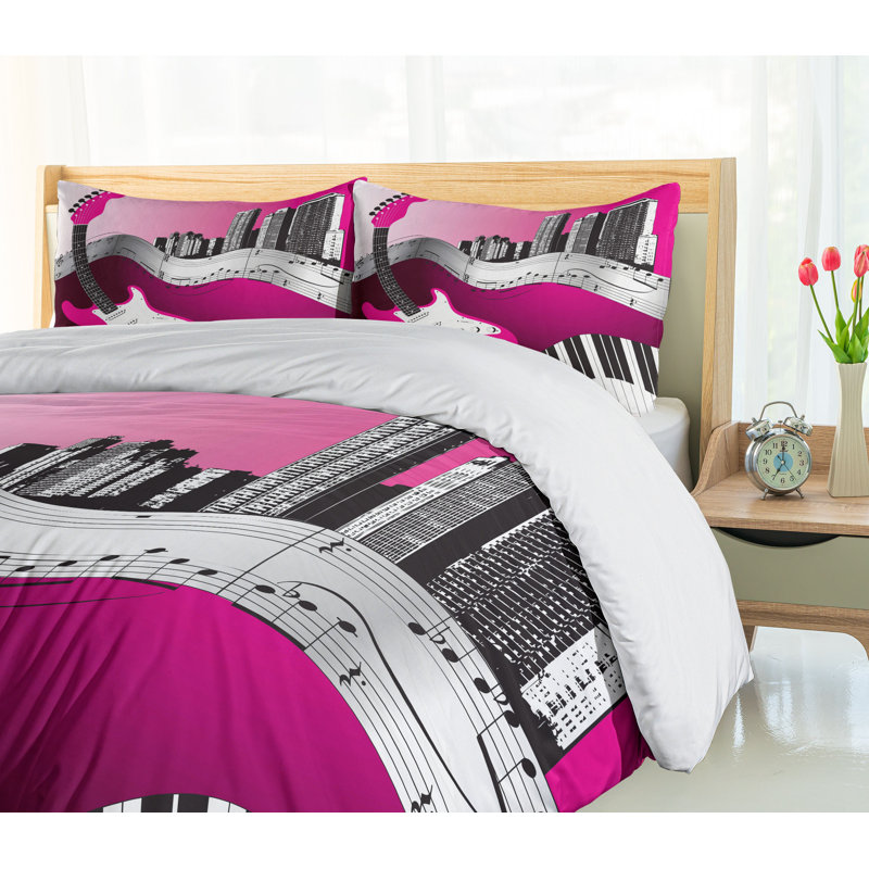 Hot Pink and Black Music Themed King Duvet Cover Set
