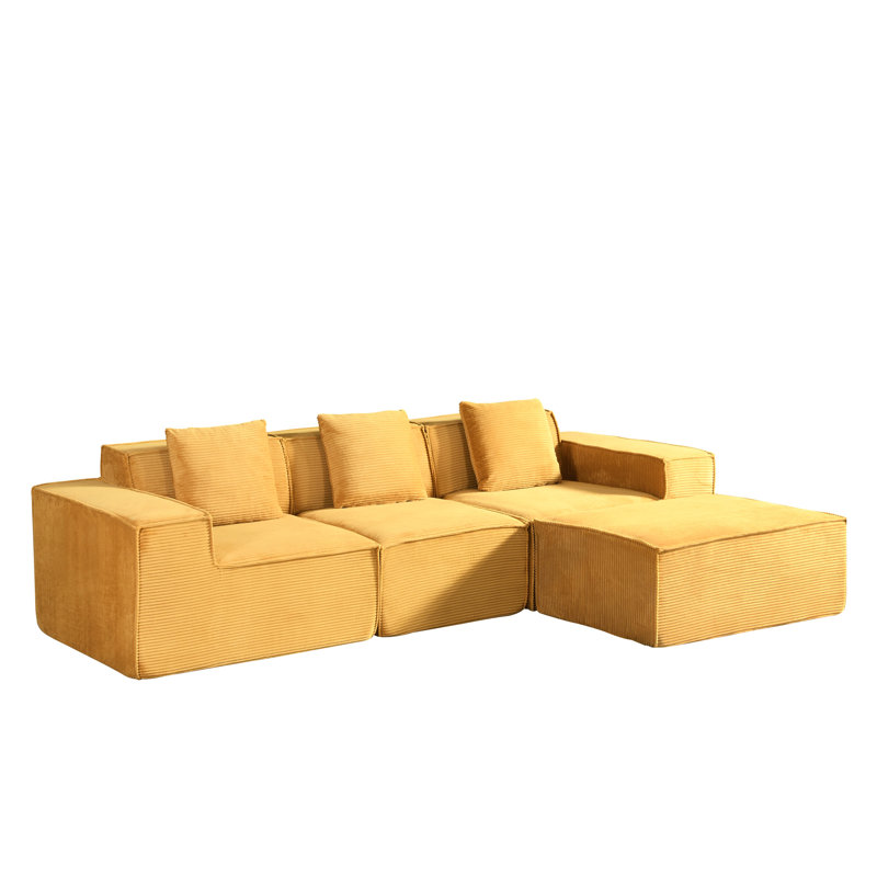 Spacieux canapé en L en velours côtelé avec et 3 coussins, jaune, coussins modulaires faciles à assembler et assemblés au gingembre