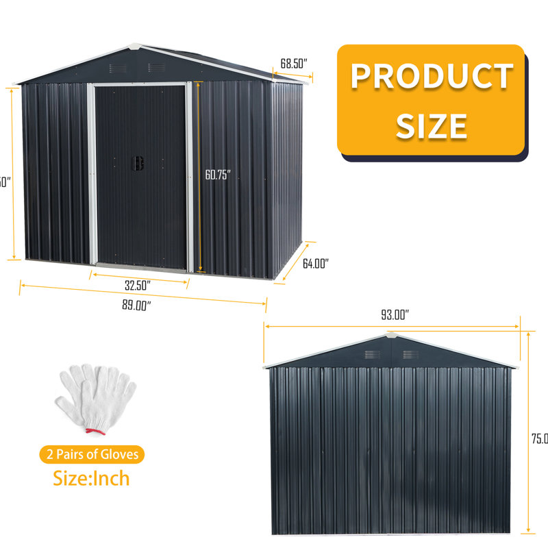 8Ft X 6Ft Metal Storage Shed In Black, Galvanized Iron Construction For Longevity, Punched Vents, Sliding Door With Padlock, Easy Assembly Process Build Strength, Air Method