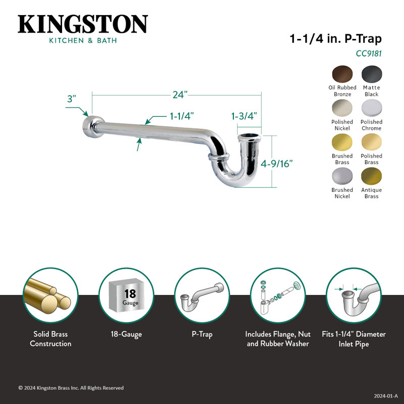 Kingston Brass Trimscape 1-1/4 Inch Decor P-Trap with High Box Flange, 24 Inch Length, 18 Gauge, Brushed Nickel