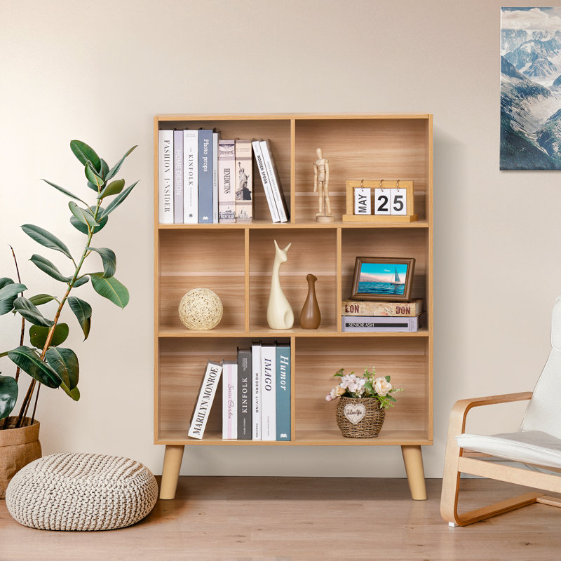 7 Cube Bookshelf, 3 Tier Modern Bookcase With Legs, Wood Cubeicals Organizer Storage Open Shelves, Retro Display Book Shelf, Freestanding Short Book Case For Bedroom,Living Room,Office