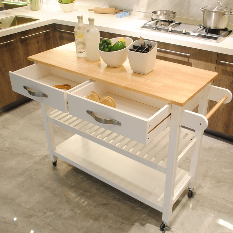 Kitchen Cart With Rubber Wood Top, Spacious Interior And Lockable Caster Mobile Trolley, Color Plenty Of Storage Options