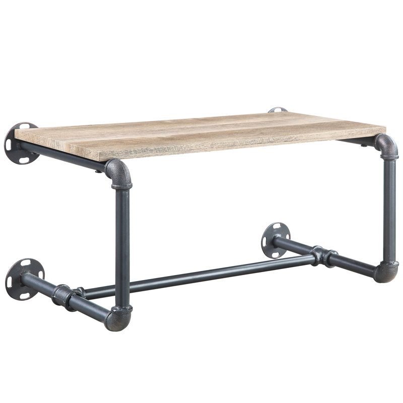 Tablette murale industrielle en bois de chêne et gris sablé avec structure en métal et support en bois pour le rangement des accessoires de salle de bain
