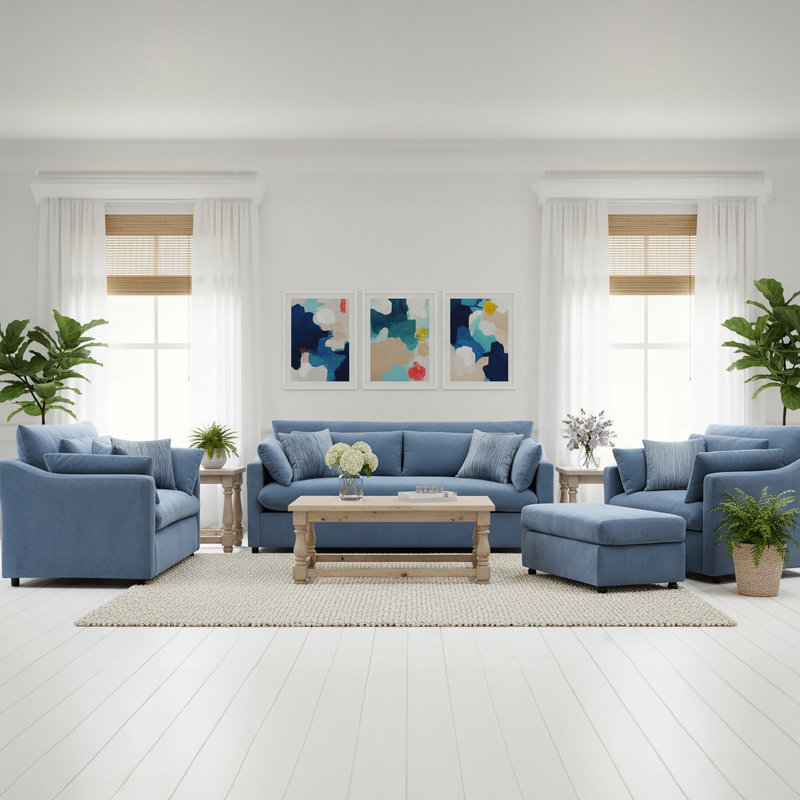 Ensemble de salon, canapé, causeuse et repose-pieds 4 pièces Roundhill Furniture Wilson, bleu côtier, Bleu côtier