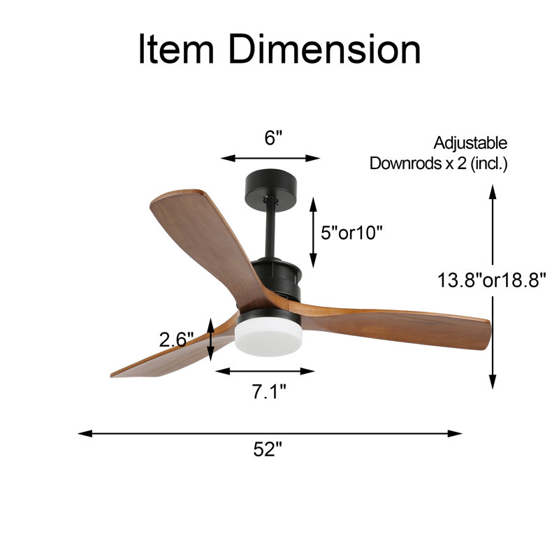 Brox 52 inch Outdoor Indoor Wood Ceiling Fan with Lights, Modern DC Motor 6 Speeds Reversible Ceiling Fan for Patio