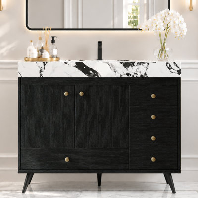 Meuble-lavabo autoportant moderne 36 po avec 1 armoire et 5 tiroirs, comptoir en pierre frittée, lavabo en céramique et pieds en acier inoxydable