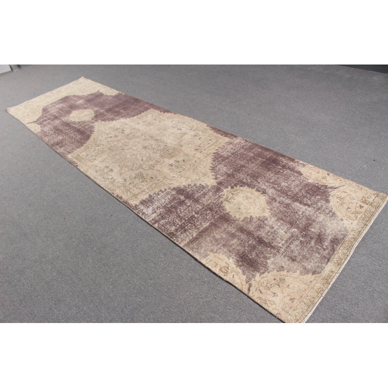 Tapis beige en laine tissé à la main de style anatolien turc rétro, idéal pour les couloirs et les espaces de couloir