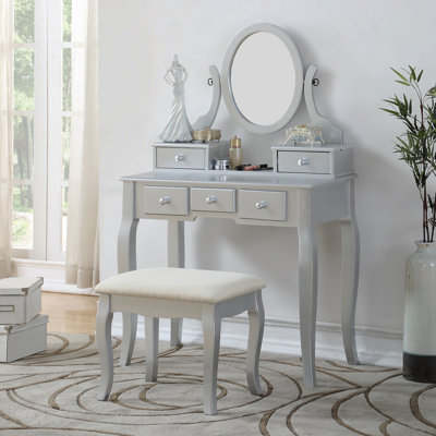 Wood Make-Up Vanity Table And Stool Set, Silver