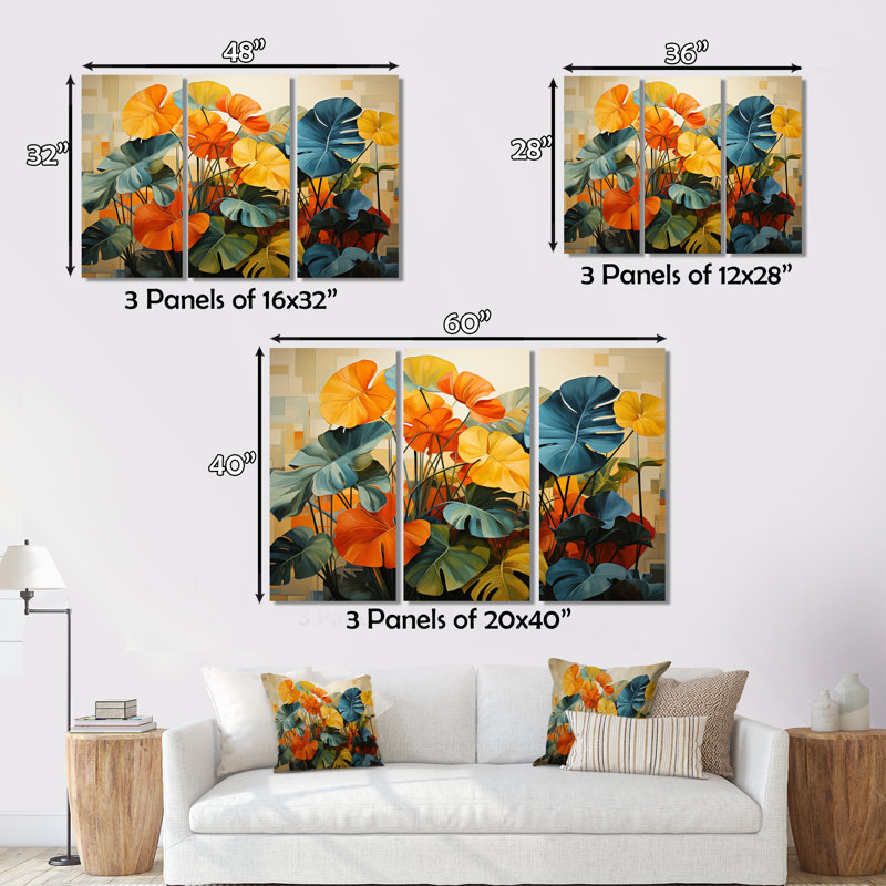" Orange Green Tropical Plants II " by Designart 3 - Pieces, 32" H x 48" W x 1" D