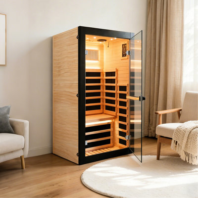 Cabine simple: chauffage par planche, 8 plaques, 1050 W, température de fonctionnement de 30 à 65 c, bois de pin, éclairage ciel étoilé, 2 bandes colorées, cordon de 3 mètres, capacité de 100 sièges avec plage de température normale, pin, et