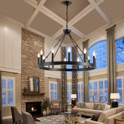 Wagon Wheel Chandelier 12-Light Round Black Farmhouse Modern Light Fixture For High Ceiling Dining Room Living Room Foyer Entryway