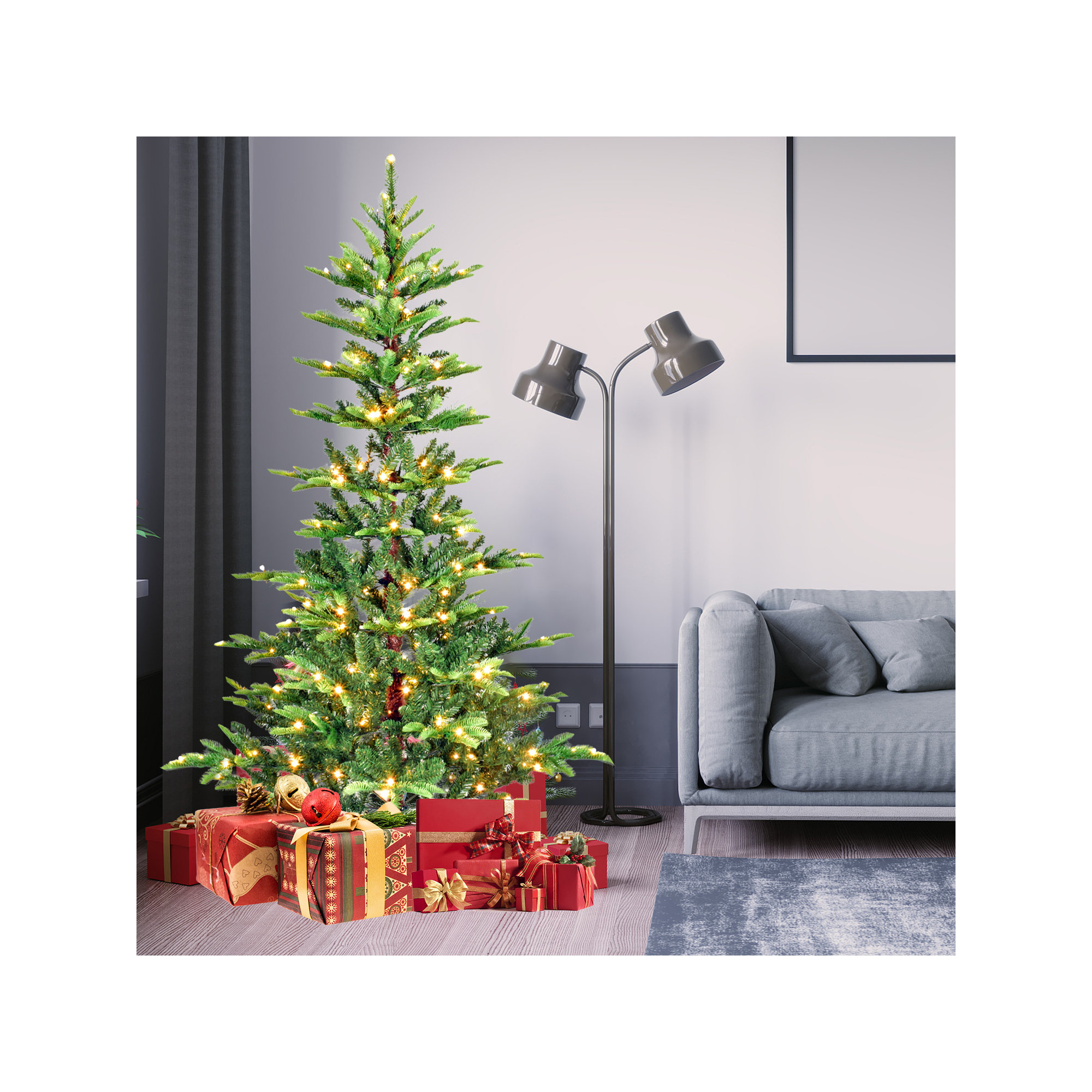 Pre-Lit Green Christmas Tree with PE/PVC Mixed Branches, Lights, Foldable Metal Base, 4'