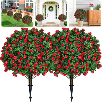 2 Pack 25.5" Artificial Boxwood Topiary Ball Tree Outdoor Plants with Red Rose Flowers UV Resistant Artificial Shrub Bushes with Ground Spike Fake Boxwood Balls for Garden Porch Patio Decor