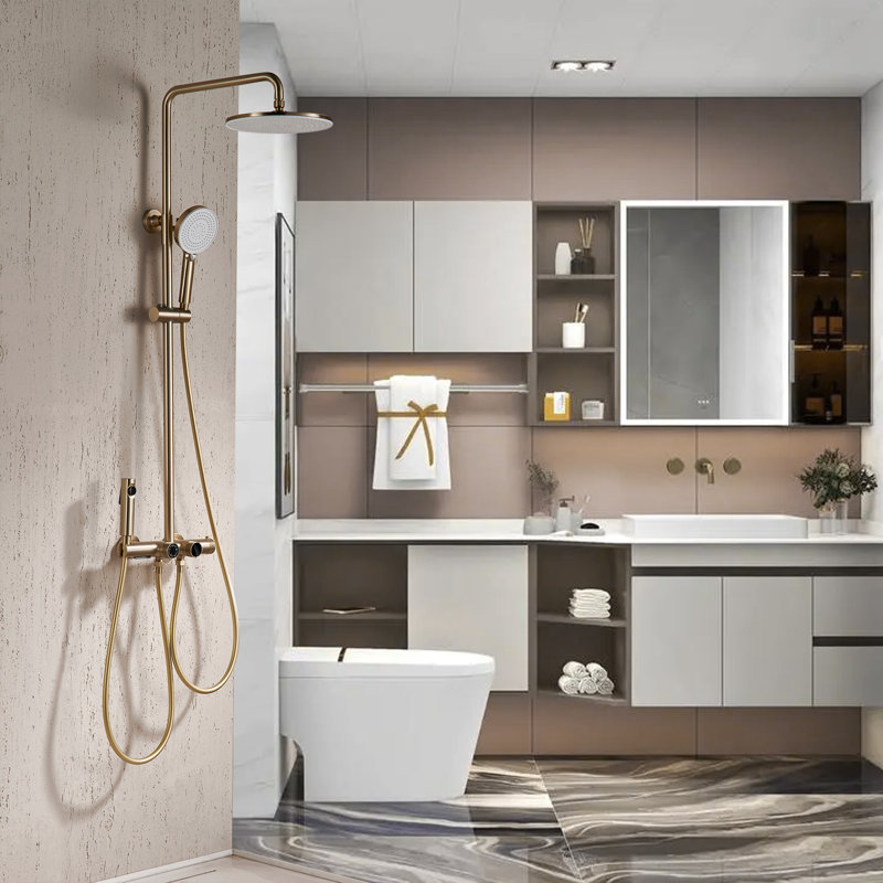 Complete Shower System with Rough in-Valve, Brushed Gold