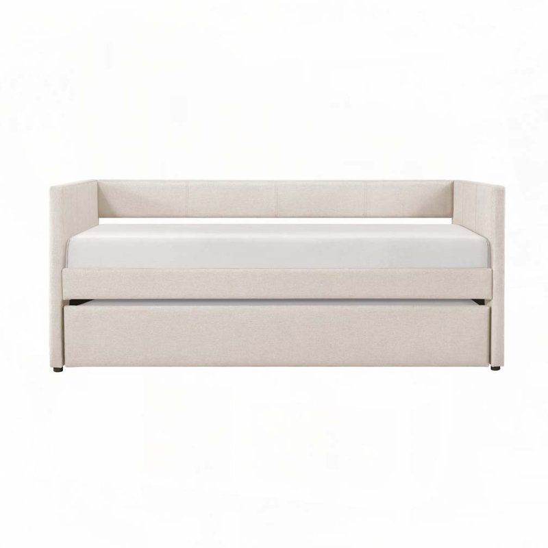 Upholstery Wooden Frame Daybed with Pull Out Trundle, Beige