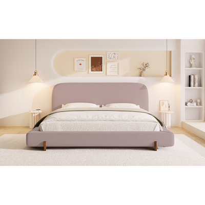 Structure de lit très grand rembourrée en velours rose, côtés épais de 4 pouces, pieds en bois d'hévéa brun et lit stable à double face pour chambre à coucher, facile à nettoyer