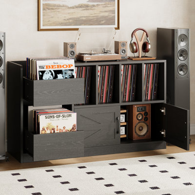 Grand support de tourne-disque, armoire de rangement en vinyle pouvant contenir jusqu'à 600 albums, table tournante moderne Mid-Century avec tiroirs pour le salon, la salle de musique, noir
