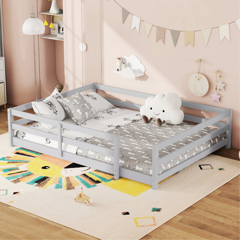 Montessori Floor Bed with Fence, Gray, Full