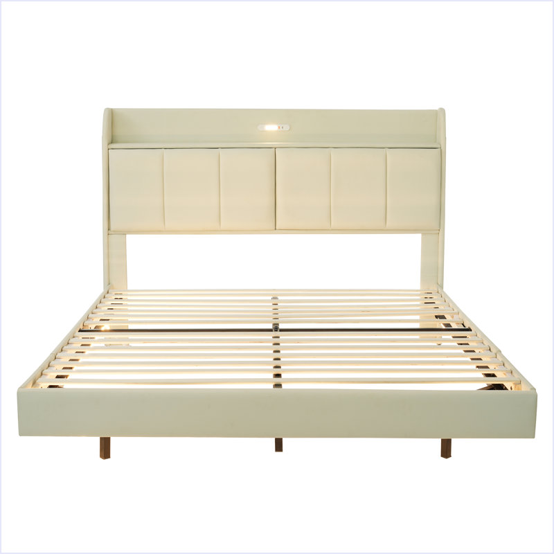 Queen Size Floating Bed Frame With Storage Headboard, Beige