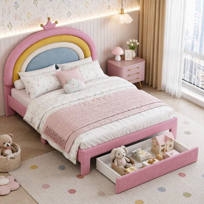 Upholstered Rainbow Design Bed, Velvet Princess Platform Bed