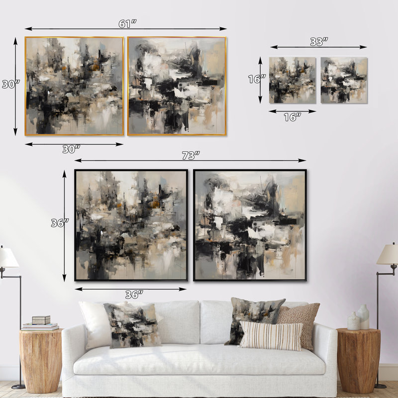 Gris intérieur noir de mondes de marbre - formes abstraites carrées collage ensemble de 2, Cadre flottant doré