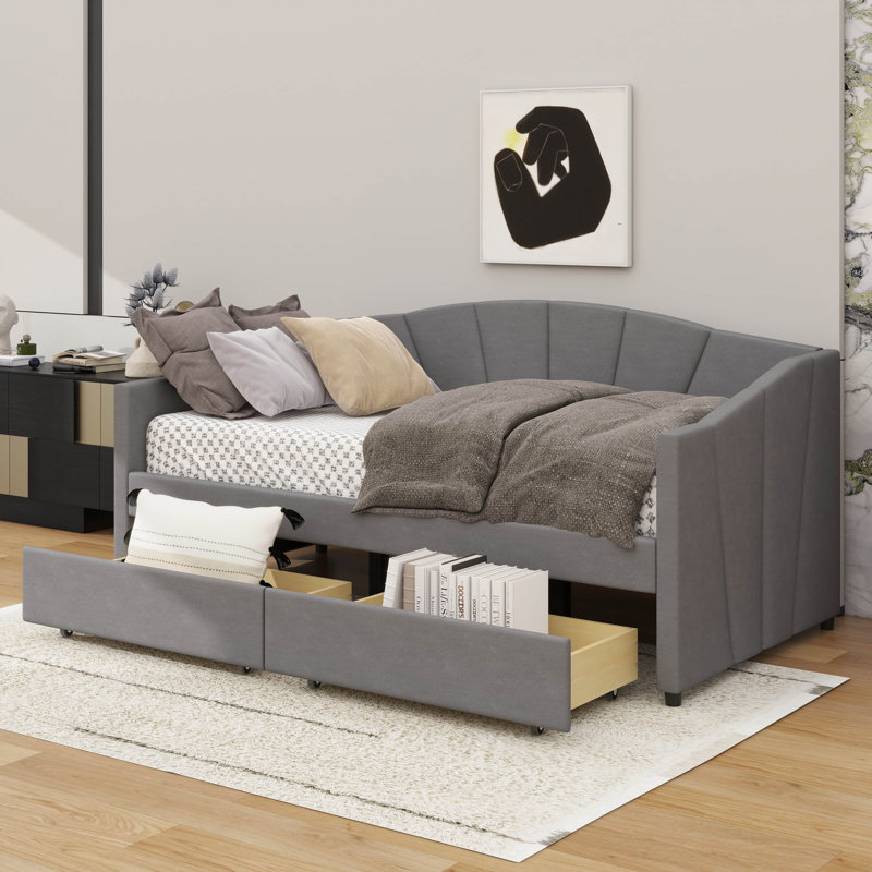 Upholstered Twin Size Daybed With Two Drawers, Gray