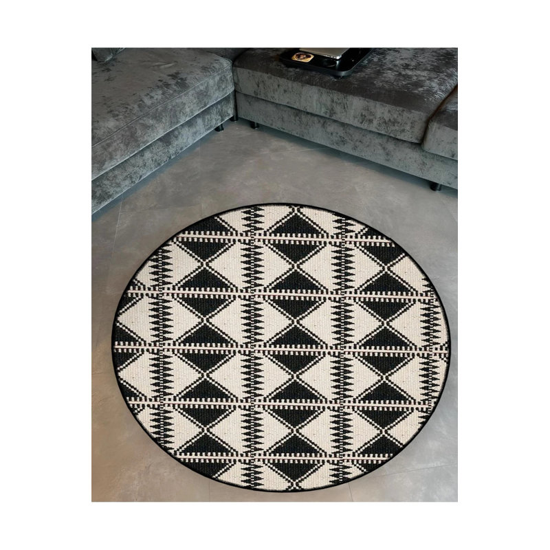 Black And Beige Themed Geometric Patterned Round Woven Base Modern Decorative Carpet, Round 3'4"