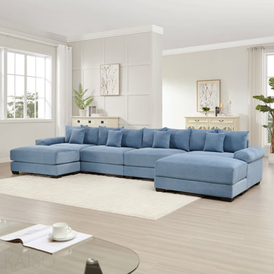 170-Inch Cloud U-Shape Sectional - Ottoman, Deep Seat, Wide Armrests, 8 Throw Pillows - Blue