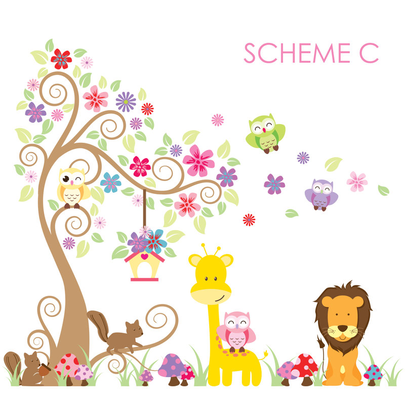 Adhésif décoratif arbre à tourbillon, jungle, hibou et giraffe, Schéma C