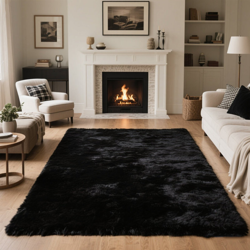 Tapis noir doux à poils longs, Rectangle de 5 pi x 8 pi