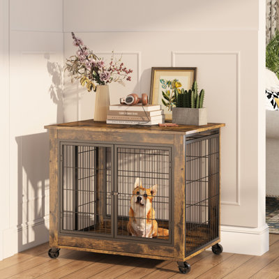 Enclos robuste pour chien en brun rustique, avec roulettes, portes doubles, plateau relevable pour chiens de taille moyenne, caisse en bois polyvalente pour animaux de compagnie de taille moyenne