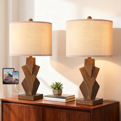 Ensemble de lampes de table 24 po en résine à intensité variable moderne en bois pour chambre à coucher avec table de chevet et protection USB