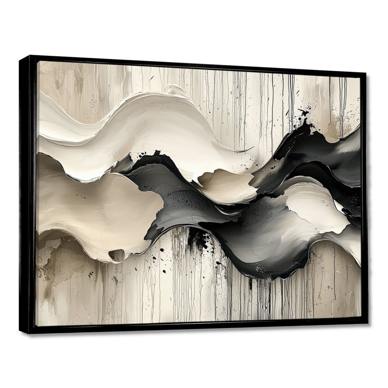 Gris sur fond blanc l'encre rythmique de la rivière Ink II - vagues modernes abstraites, H 30 po x l 40 po