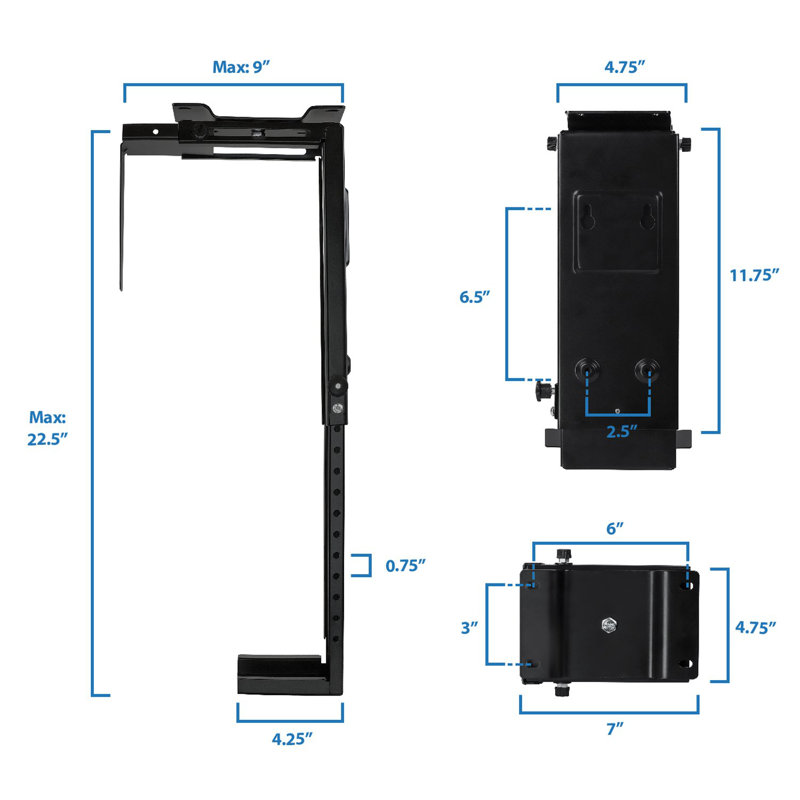 Computer Tower Wall Mount And Under Desk CPU Stand, 360 Degree Rotation, Height And Width Adjustable, Black