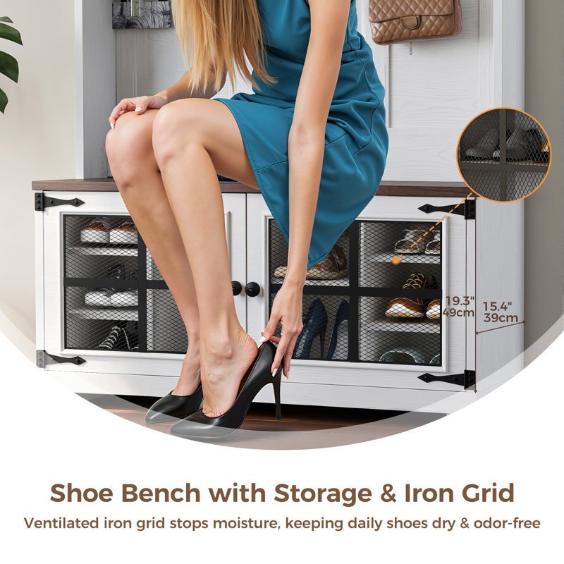 39.8" Wide Hall Tree With Bench And Shoe Storage, Entryway Bench With Diamond Wire Mesh Design, Coat Rack Shoe Bench For Hallway
