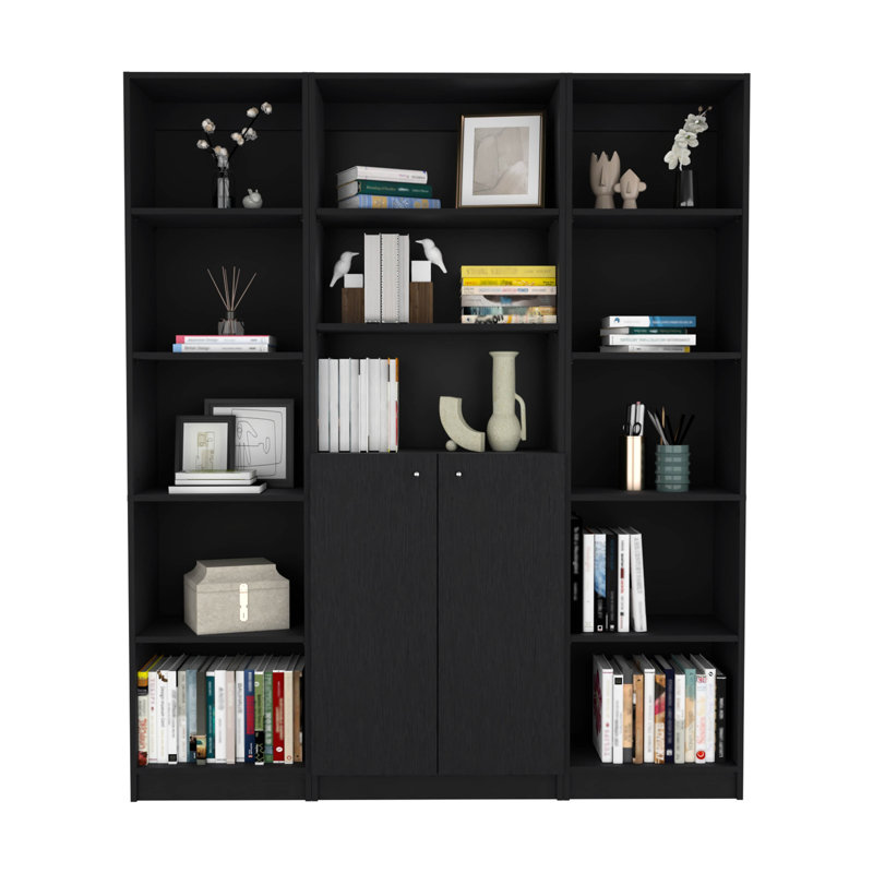 3 salons avec bibliothèques noires - rangement adaptable, design élégant, bibliothèque de finition 3 pièces, look