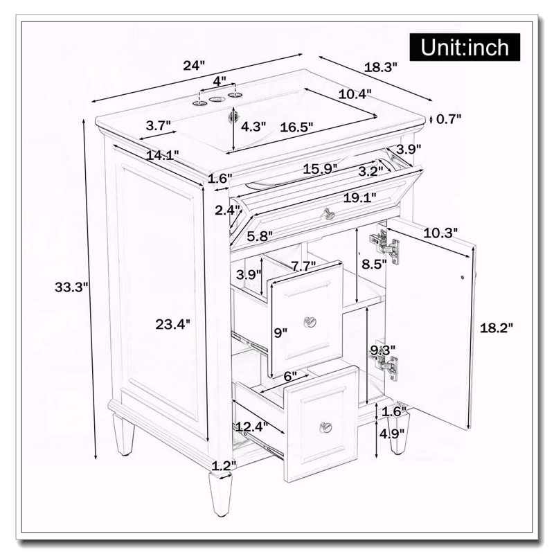 Meuble-lavabo 24 po avec lavabo et rangement intelligent, Blanc, 24