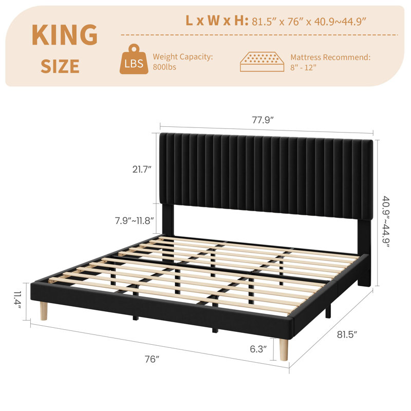 King Size Velvet Upholstered Platform Bed Frame with Adjustable Height Headboard, No Box Spring Needed, Easy Assembly - Black