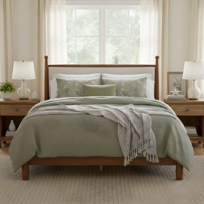 Harlow Modern Farmhouse Poplar Wood Bed Frame with Upholstered Headboard and Slat Support