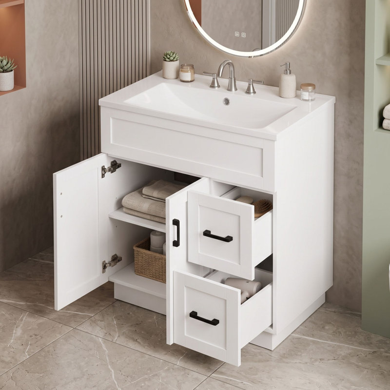 Meuble-lavabo avec lavabo en résine, 2 tiroirs à fermeture amortie, tablette réglable et dos ouvert pour faciliter l'accès à la plomberie.
