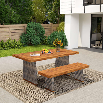 Outdoor Acacia Wood Dining Table Set with 1 Table and 1 Bench