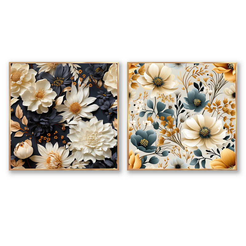 Larocque - Ensemble de 2 collages carrés floraux, Cadre flottant doré, H 36 po x l 73 po